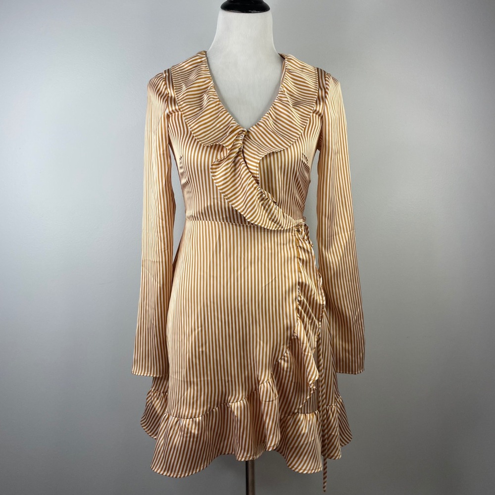 Gianna Bini Mustard Yellow White Striped Ruffle Satin Wrap‎ Mini Dress Womens S